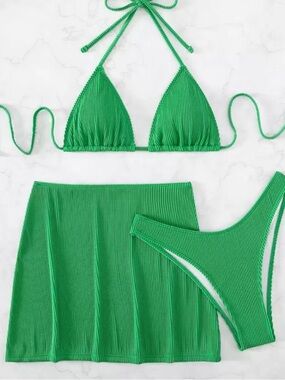 Green Ribbed Triangle Bikini Set with Skirt - Women Swim
